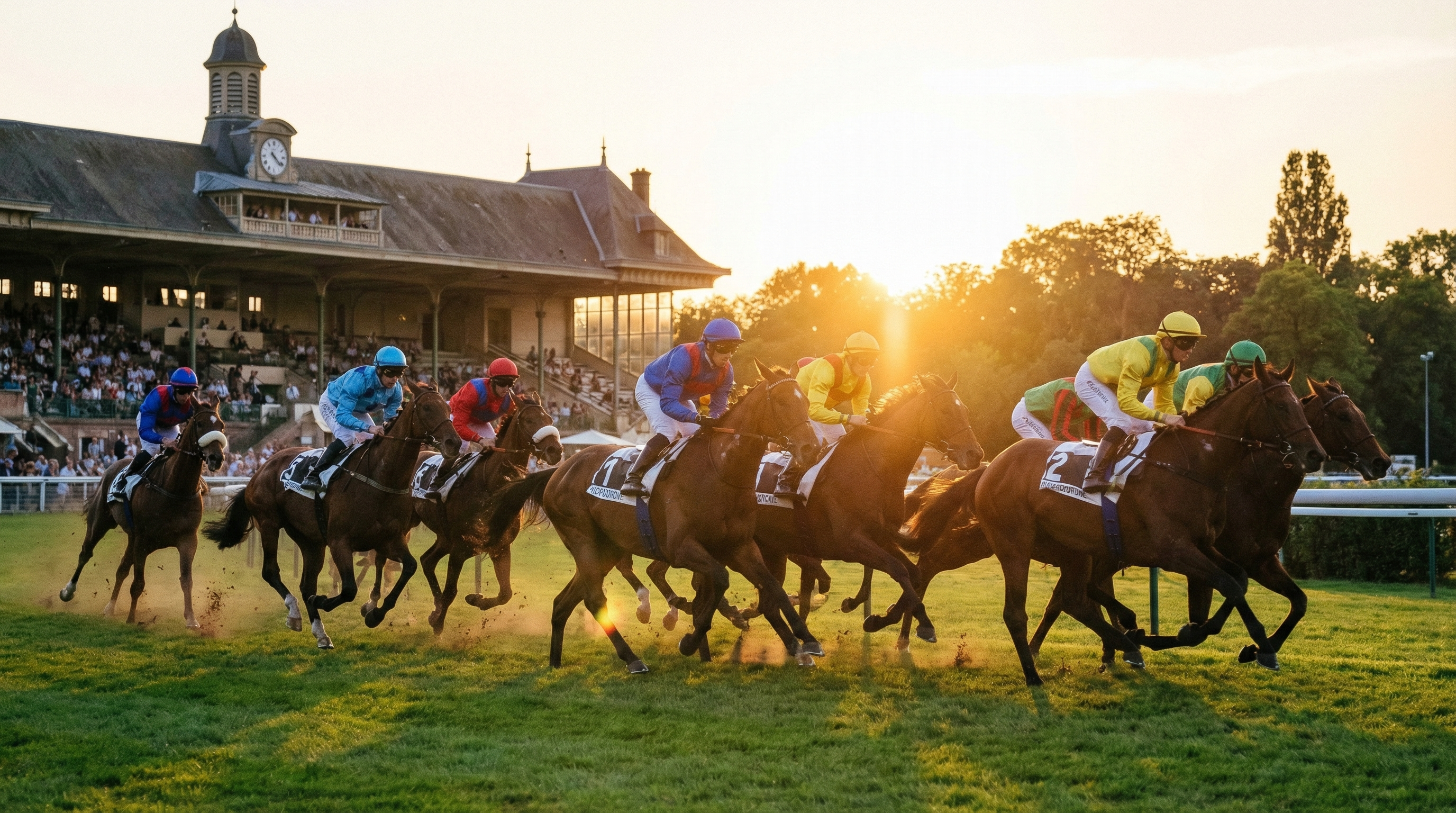 Chevaux en pleine course sur gazon au coucher du soleil